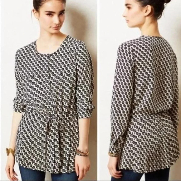 Anthropologie Maeve Selva Black & Ecru Printed Long Sleeve Tunic S - Picture 1 of 6